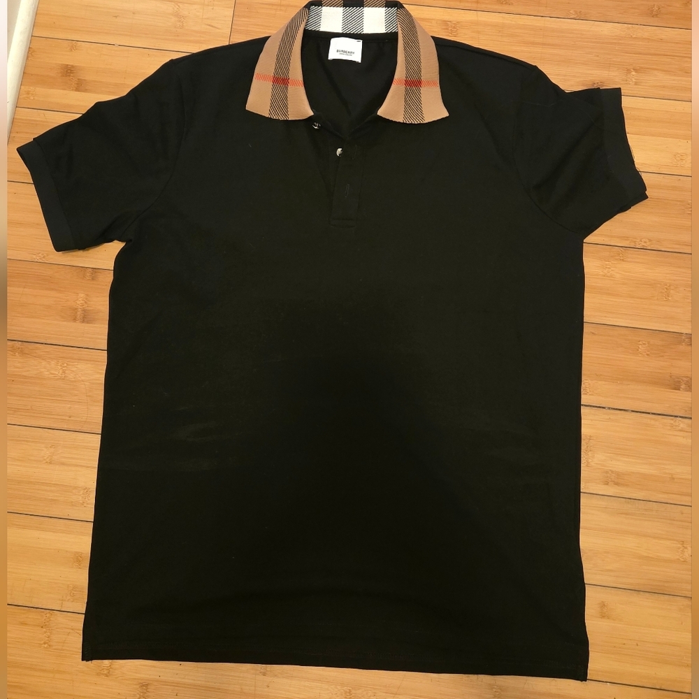Burberry Black Polo Shirt with Tan Patterned Collar